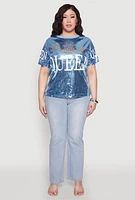 Womens Plus Size Sequin Fashion Queen Graphic Top, Blue, Size 1X