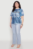 Womens Plus Size Sequin Fashion Queen Graphic Top, Blue, Size 2X