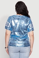 Womens Plus Size Sequin Fashion Queen Graphic Top, Blue, Size 1X
