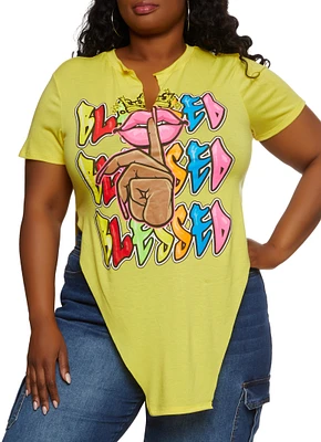 Womens Plus Size Blessed Graffiti Hanky Hem Graphic Tee, Yellow, Size 1X