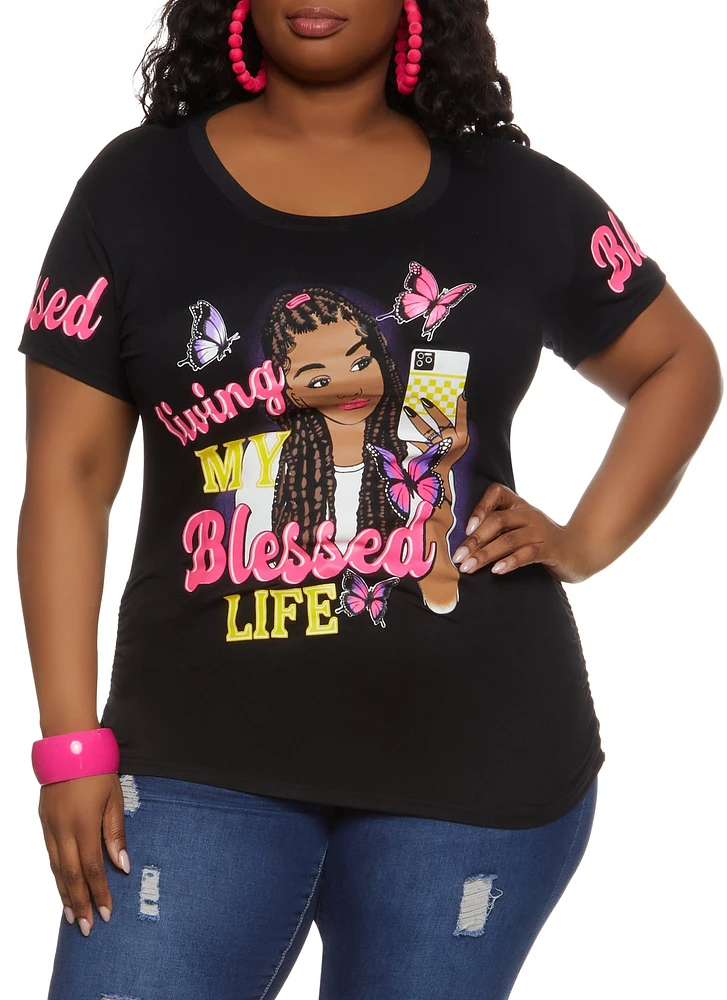Womens Plus Size Living My Blessed Life Short Sleeve Graphic Tee, Black, Size 1X