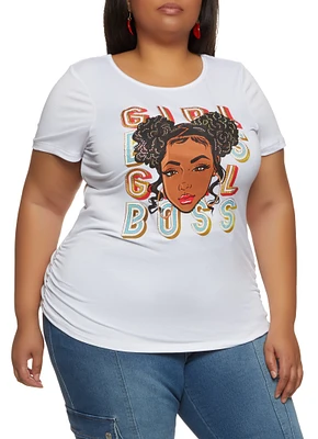 Womens Plus Size Girl Boss Rhinestone Graphic Tee, White, Size 2X