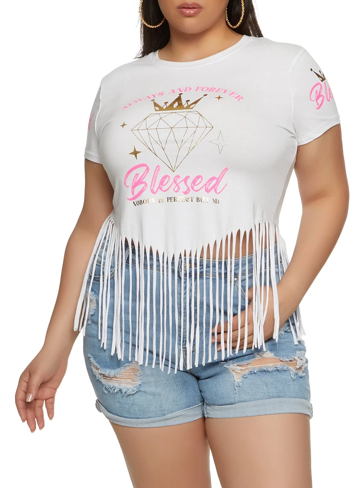 Womens Plus Size Always And Forever Blessed Graphic Fringe Tee, White, Size 1X