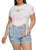 Womens Plus Size Always And Forever Blessed Graphic Fringe Tee, White, Size 1X