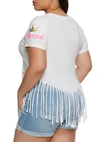 Womens Plus Size Always And Forever Blessed Graphic Fringe Tee, White, Size 1X