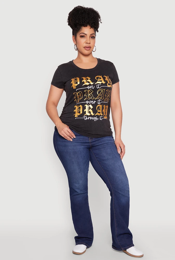Womens Plus Size Mineral Wash Pray Graphic Tee, Grey, Size 1X