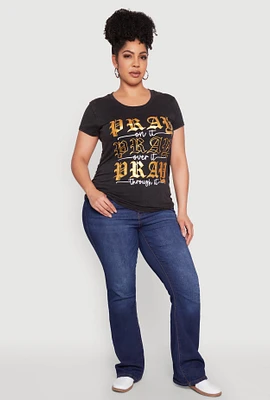 Womens Plus Size Mineral Wash Pray Graphic Tee, Grey, Size 1X