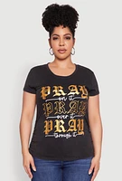 Womens Plus Size Mineral Wash Pray Graphic Tee, Grey, Size 1X