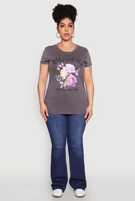 Womens Plus Ruched Mineral Wash Bless Up Graphic Tee, Grey,