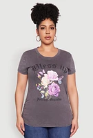 Womens Plus Ruched Mineral Wash Bless Up Graphic Tee, Grey,