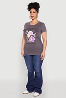 Womens Plus Ruched Mineral Wash Bless Up Graphic Tee, Grey,