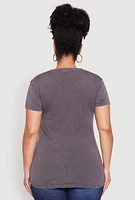 Womens Plus Ruched Mineral Wash Bless Up Graphic Tee, Grey,