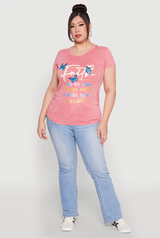 Womens Plus Size Mineral Wash Butterfly Faith Graphic Tee, Pink, Size 2X