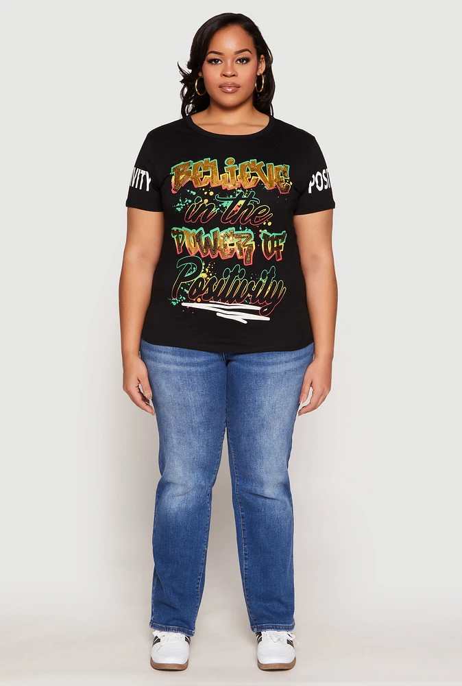 Womens Plus Sequin Believe Graphic Tee,