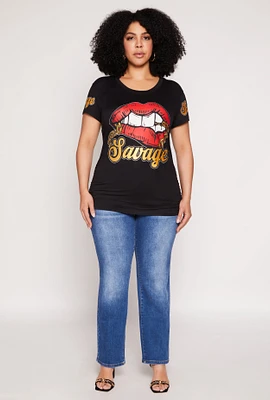 Womens Plus Size Savage Lip Graphic Ruched Top, Black, Size 2X