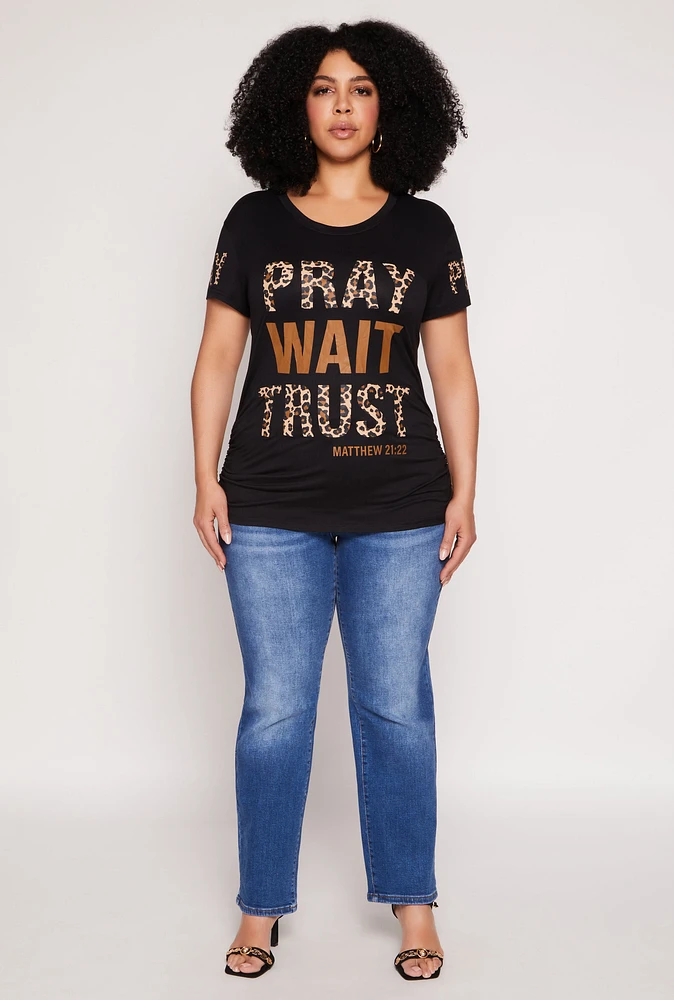 Womens Plus Size Pray Wait Trust Leopard Graphic Tee, Black, Size 2X