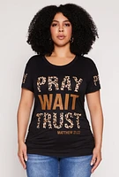 Womens Plus Size Pray Wait Trust Leopard Graphic Tee, Black, Size 2X