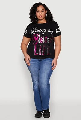 Womens Plus Sequin Blessed Life Graphic Tee,