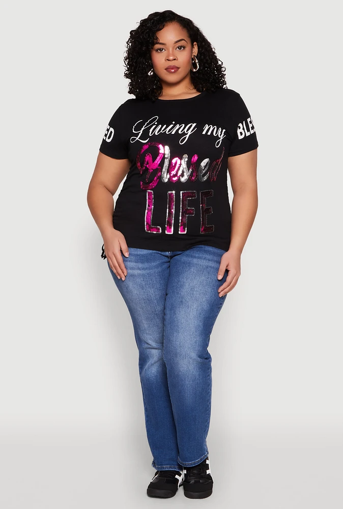 Womens Plus Size Sequin Blessed Life Graphic Tee, Black, Size 2X