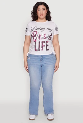 Womens Plus Sequin Blessed Life Graphic Tee, White,