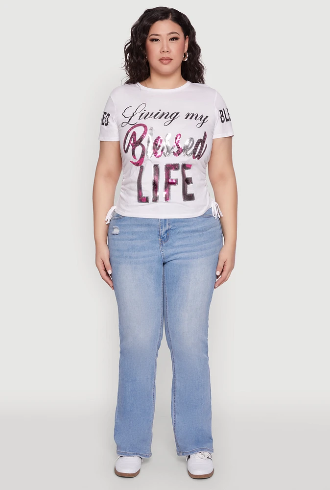 Womens Plus Size Sequin Blessed Life Graphic Tee, White, Size 1X