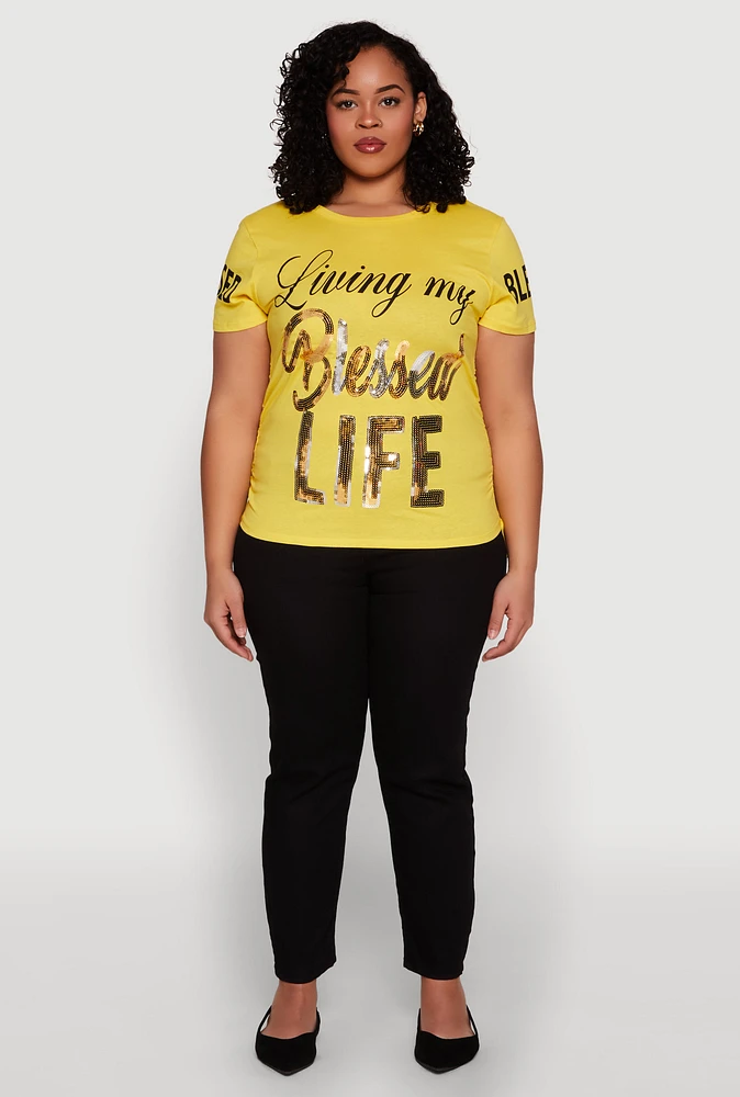 Womens Plus Size Sequin Blessed Life Graphic Tee, Yellow, Size 2X