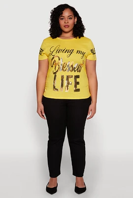 Womens Plus Size Sequin Blessed Life Graphic Tee, Yellow, Size 2X