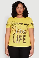 Womens Plus Size Sequin Blessed Life Graphic Tee, Yellow, Size 2X