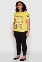 Womens Plus Size Sequin Blessed Life Graphic Tee, Yellow, Size 2X