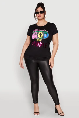 Womens Plus Size Following God Sequin Graphic Tee, Black, Size 2X