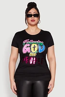Womens Plus Size Following God Sequin Graphic Tee, Black, Size 2X
