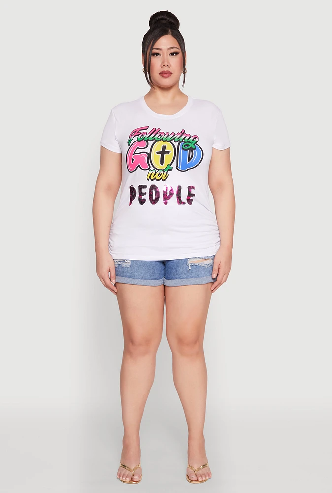 Womens Plus Size Following God Sequin Graphic Tee, White, Size 1X