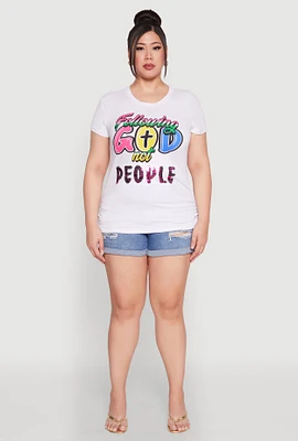 Womens Plus Size Following God Sequin Graphic Tee, White, Size 1X