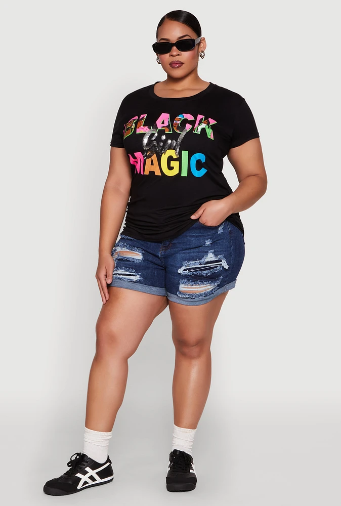 Womens Plus Black Girl Magic Sequin Graphic Tee,