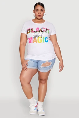 Womens Plus Size Black Girl Magic Sequin Graphic Tee, White, Size 2X