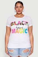 Womens Plus Size Black Girl Magic Sequin Graphic Tee, White, Size 2X