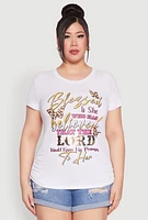 Womens Plus Size Blessed Is She Ruched Graphic Tee, White, Size 3X