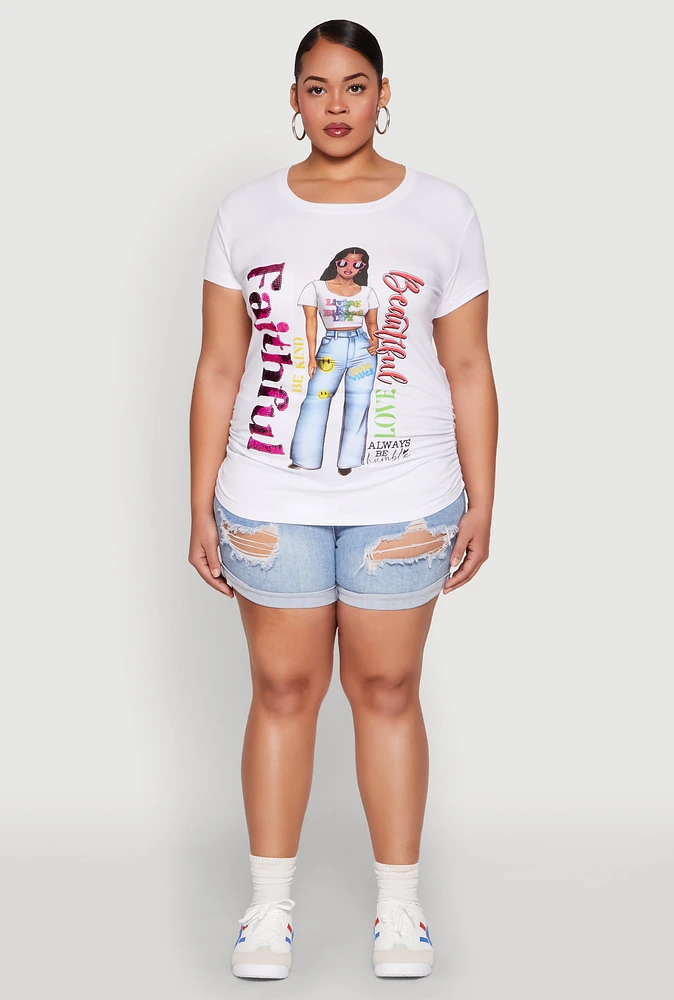 Womens Plus Size Ruched Sequin Faithful Graphic Tee, White, Size 3X