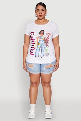 Womens Plus Size Ruched Sequin Faithful Graphic Tee, White, Size 3X