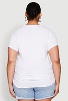 Womens Plus Size Ruched Sequin Faithful Graphic Tee, White, Size 3X