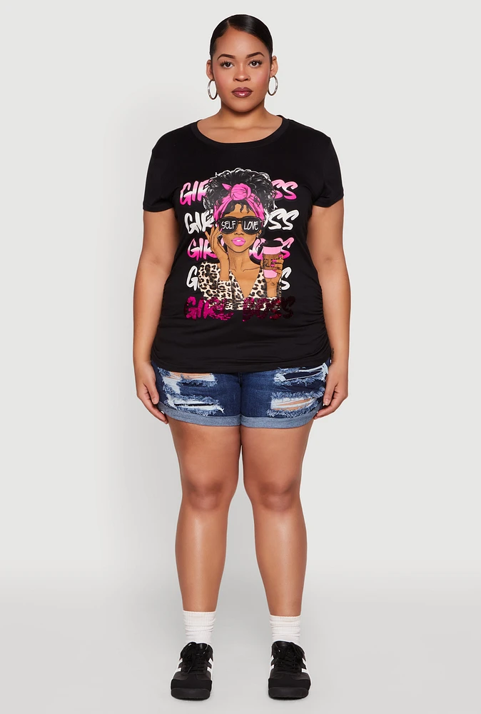Womens Plus Girl Boss Sequin Graphic Tee,