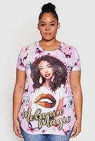 Womens Plus Size Melanin Magic Ruched Graphic Top, Purple, Size 1X