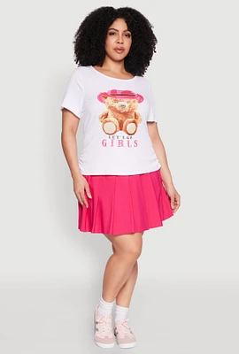 Womens Plus Rib Knit Lets Go Girls Graphic Tee, White,