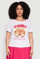 Womens Plus Rib Knit Lets Go Girls Graphic Tee, White,