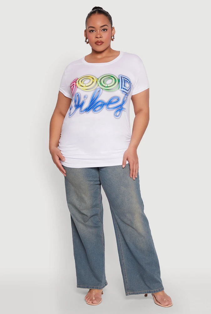 Womens Plus Size Good Vibes Ruched Graphic Tee, White, Size 1X