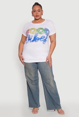 Womens Plus Size Good Vibes Ruched Graphic Tee, White, Size 1X