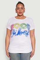 Womens Plus Size Good Vibes Ruched Graphic Tee, White, Size 1X