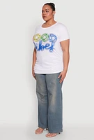 Womens Plus Size Good Vibes Ruched Graphic Tee, White, Size 1X