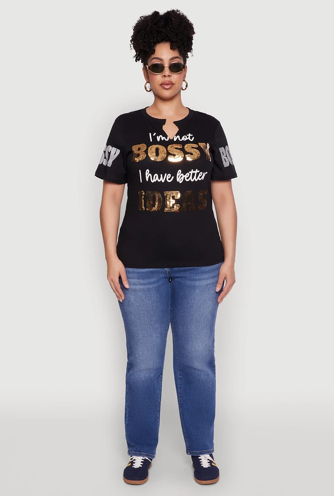 Womens Plus Size Sequin Bossy Ideas Graphic Tee, Black, Size 3X