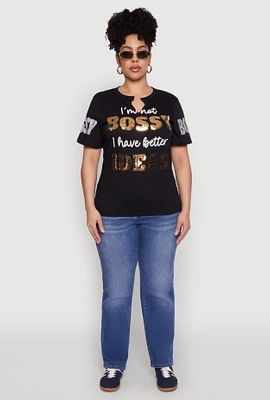 Womens Plus Size Sequin Bossy Ideas Graphic Tee, Black, Size 3X
